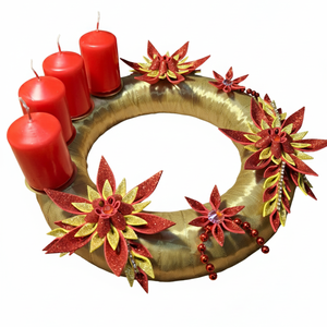 Adventi koszorú csillámos dekorgumi virágokkal, gyertyákkal.Arany-piros - karácsony - adventi díszek - adventi koszorú - Meska.hu