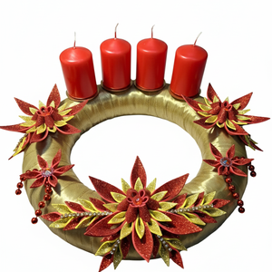 Adventi koszorú csillámos dekorgumi virágokkal, gyertyákkal.Arany-piros, Karácsony, Adventi díszek, Adventi koszorú, Dekorgumi, Mindenmás, MESKA
