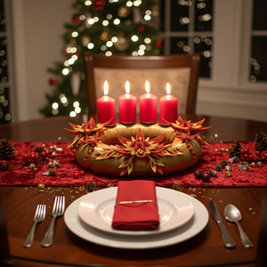 Adventi koszorú csillámos dekorgumi virágokkal, gyertyákkal.Arany-piros - karácsony - adventi díszek - adventi koszorú - Meska.hu