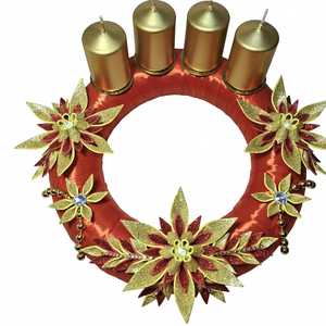 Adventi koszorú csillámos dekorgumi virágokkal, gyertyákkal.Piros-arany - karácsony - adventi díszek - adventi koszorú - Meska.hu