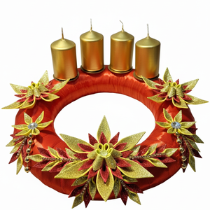 Adventi koszorú csillámos dekorgumi virágokkal, gyertyákkal.Piros-arany, Karácsony, Adventi díszek, Adventi koszorú, Dekorgumi, Mindenmás, MESKA