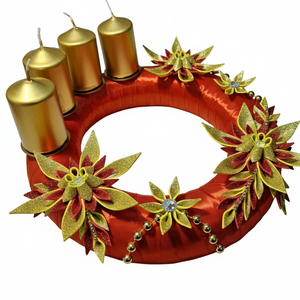 Adventi koszorú csillámos dekorgumi virágokkal, gyertyákkal.Piros-arany - karácsony - adventi díszek - adventi koszorú - Meska.hu