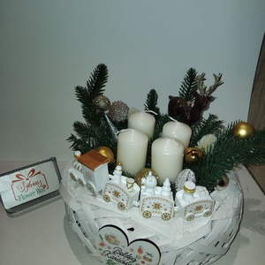 Adventi dísz kisvonattal - 20cm, Karácsony, Adventi díszek, Adventi asztaldísz, Virágkötés, MESKA