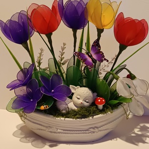 Tavaszi asztal dísz harisnyavir�g , Otthon & Életmód, Dekoráció, Asztal és polc dekoráció, Asztaldísz, Virágkötés, MESKA