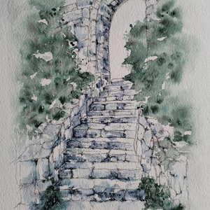 Időtlen lépcső. Egy régi kőlépcső, amely mintha a múlt titkaihoz vezetne.  - művészet - festmény - akvarell - Meska.hu
