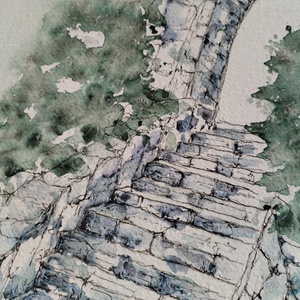 Időtlen lépcső. Egy régi kőlépcső, amely mintha a múlt titkaihoz vezetne.  - művészet - festmény - akvarell - Meska.hu