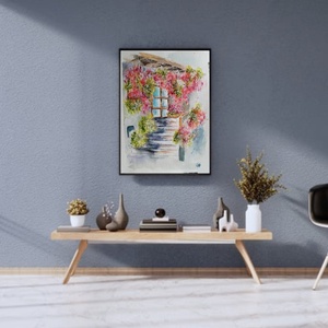 Egy mediterrán udvar, ahol a színek versenyeznek a fénnyel. Akvarell festmény, amely a nyár ragyogását és az életöröm pi, Művészet, Festmény, Akvarell, , MESKA