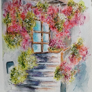 Egy mediterrán udvar, ahol a színek versenyeznek a fénnyel. Akvarell festmény, amely a nyár ragyogását és az életöröm pi - művészet - festmény - akvarell - Meska.hu