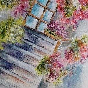 Egy mediterrán udvar, ahol a színek versenyeznek a fénnyel. Akvarell festmény, amely a nyár ragyogását és az életöröm pi - művészet - festmény - akvarell - Meska.hu