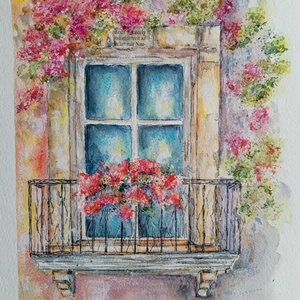 Mediterrán hangulatú akvarell, amely egy virágokkal teli ablak nyugalmát idézi. Színes, vidám, mégis letisztult darab. - művészet - festmény - akvarell - Meska.hu