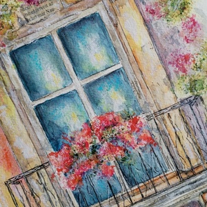 Mediterrán hangulatú akvarell, amely egy virágokkal teli ablak nyugalmát idézi. Színes, vidám, mégis letisztult darab. - művészet - festmény - akvarell - Meska.hu