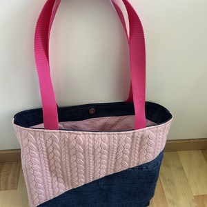 Rózsaszín kötött hatású farmer shopper táska � könnyű, mindennapi használatra, Táska & Tok, Kézitáska & válltáska, Nagy pakolós táska, Varrás, MESKA