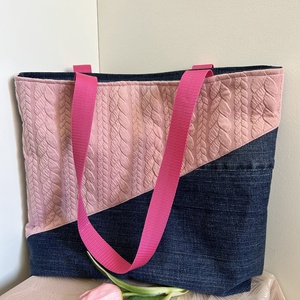 Rózsaszín kötött hatású farmer shopper táska � könnyű, mindennapi használatra - táska & tok - kézitáska & válltáska - nagy pakolós táska - Meska.hu