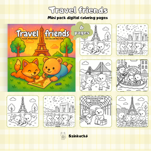 Színező lapok - Mini Pack digitális színezőkönyv: digitális és nyomtatható színezőlap - Travel Friends 6 db pack - otthon & életmód - papír, írószer - színező - Meska.hu