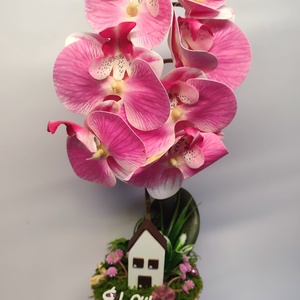 Orchidea házikóval, Otthon & Életmód, Dekoráció, Asztal és polc dekoráció, Asztaldísz, Virágkötés, MESKA