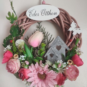 Hívogató - házikós tulipános ajtódísz , Otthon & Életmód, Dekoráció, Ajtó- és ablak dekoráció, Ajtódísz & Kopogtató, Virágkötés, MESKA