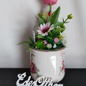 Kerámia kaspós dekoráció tulipánnal 2. , Otthon & Életmód, Dekoráció, Húsvéti asztaldíszek, Virágkötés, MESKA
