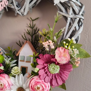 Édes Otthon szív � Rusztikus szürke fonott kopogtató romantikus virágokkal - otthon & életmód - dekoráció - ajtó- és ablak dekoráció - ajtódísz & kopogtató - Meska.hu