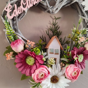 Édes Otthon szív � Rusztikus szürke fonott kopogtató romantikus virágokkal - otthon & életmód - dekoráció - ajtó- és ablak dekoráció - ajtódísz & kopogtató - Meska.hu