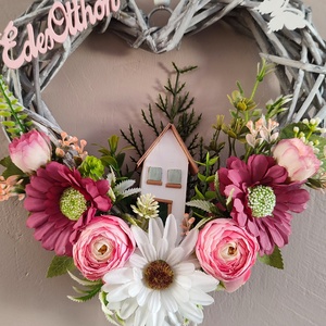 Édes Otthon szív � Rusztikus szürke fonott kopogtató romantikus virágokkal - otthon & életmód - dekoráció - ajtó- és ablak dekoráció - ajtódísz & kopogtató - Meska.hu