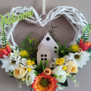 Napfényes, narancs-sárga Welcome ajtódísz, Otthon & Életmód, Dekoráció, Ajtó- és ablak dekoráció, Ajtódísz & Kopogtató, Virágkötés, MESKA