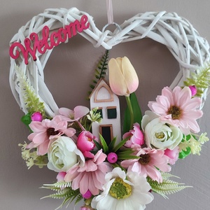 Pasztell rózsaszín tulipános ajtódísz, Otthon & Életmód, Dekoráció, Ajtó- és ablak dekoráció, Ajtódísz & Kopogtató, Virágkötés, MESKA