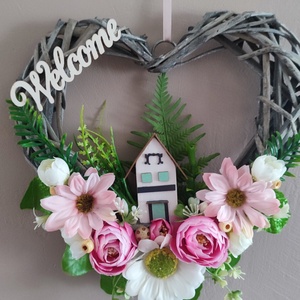 Hazaváró - tavaszi ajtódísz rózsaszín hangulatban, Otthon & Életmód, Dekoráció, Ajtó- és ablak dekoráció, Ajtódísz & Kopogtató, Virágkötés, MESKA