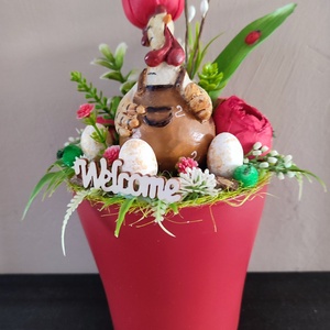 Tyúkanyó tavaszi kertje, húsvéti kaspós dísz, Otthon & Életmód, Virágdekoráció, Virágdíszek, Virágdísz kaspóban, Virágkötés, MESKA