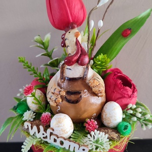 Tyúkanyó tavaszi kertje, húsvéti kaspós dísz - otthon & életmód - virágdekoráció - virágdíszek - virágdísz kaspóban - Meska.hu
