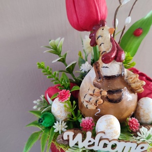 Tyúkanyó tavaszi kertje, húsvéti kaspós dísz - otthon & életmód - virágdekoráció - virágdíszek - virágdísz kaspóban - Meska.hu