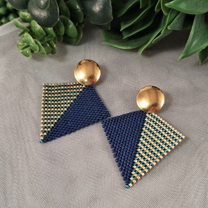 Prizma fülbevaló - kék-arany-türkiz, Ékszer, Fülbevaló, Lógó fülbevaló, Gyöngyfűzés, gyöngyhímzés, MESKA