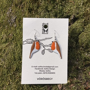 Vörösbegy egyedi tűzzománc fülbevaló - ékszer - fülbevaló - pötty fülbevaló - Meska.hu