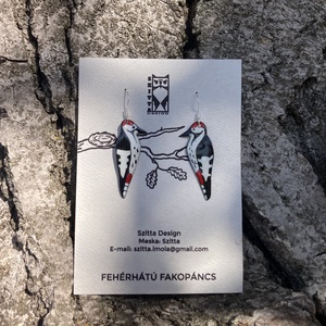 Fehérhátú fakopáncs tűzzománc fülbevaló - művészet - festmény - tűzzománc - Meska.hu