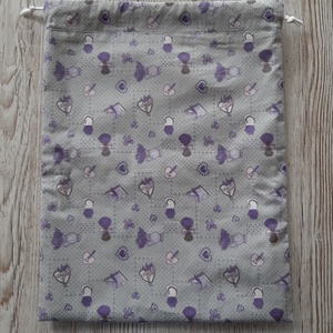 NoWaste kenyeres zsák,szürke alapon fehér pöttyös és levendulás pamutvászonból,  PUL béléssel - táska & tok - bevásárlás & shopper táska - kenyeres zsák - Meska.hu