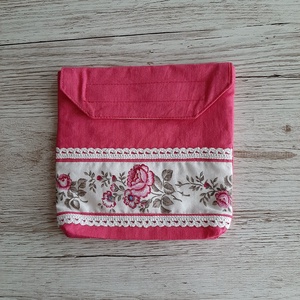 NoWaste, uzsonnás tasak,pink és rózsás sormintás anyag kombinálásával, horgolt csipkével díszítve - táska & tok - bevásárlás & shopper táska - shopper, textiltáska, szatyor - Meska.hu