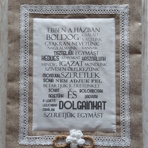Bézs keretben textilkép,horgolt csipkével díszítve,transzfer felirattal, Vintage stílusban - otthon & életmód - dekoráció - kép & falikép - vászonkép - Meska.hu