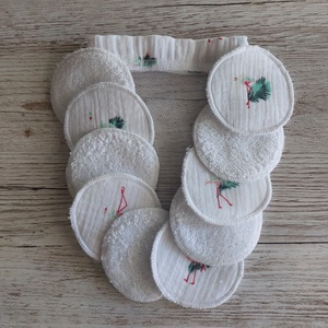 Arclemosó,arctisztitó korong,sminklemosó korong,10 db-os,ajándék zsákkal,fehér alapon flamingós pamutvászonból, Szépségápolás, Arcápolás, Arctisztító korong, Varrás, MESKA