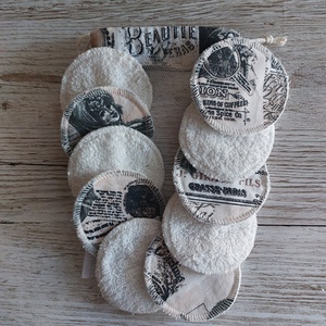 Arclemosó,arctisztitó korong,sminklemosó korong,10 db-os,ajándék zsákkal,ekrü alapon szürke mintás pamutvászonból, Szépségápolás, Arcápolás, Arctisztító korong, Varrás, MESKA