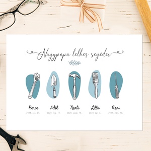 Nagypapa lelkes segédei, az unokák nevével, születési dátumával, szerszámokkal (digitálisan vagy fotópapíron,keretezve), Művészet, Grafika & Illusztráció, Digitális, Fotó, grafika, rajz, illusztráció, MESKA