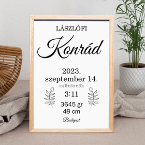 Minimalista baba születési adatok dekor A/4-es méretben (digitális kép vagy fotópapírra nyomtatva) fekete-fehér - otthon & életmód - babaszoba, gyerekszoba - gyerek névtábla - Meska.hu