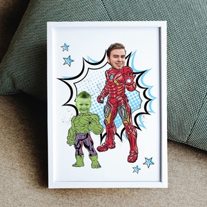 Vicces szuperhősös Apa-Fia grafika fotópapíron (A/4) Vasember és kicsi Hulk - szerkeszthető ajándék a legjobb apának - művészet - grafika & illusztráció - digitális - Meska.hu