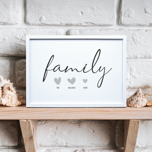 Letisztult családi family dekor nevekkel és szívekkel (digitális kép vagy fotópapírra nyomtatva) fekete-fehér - otthon & életmód - dekoráció - fali és függő dekoráció - betű & név - Meska.hu