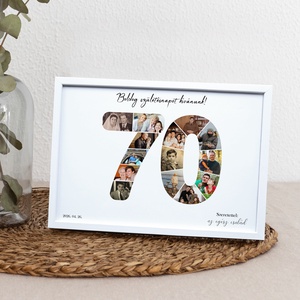 70-es szülinapi fotókollázs A/4-es méretben dátummal, aláírással (digitális kép vagy fotópapírra nyomtatva, keretezve) - művészet - kollázs - Meska.hu