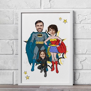 Szupercsalád! Macskalánnyal, Batmannel és Wonder Womannel! Vicces képregény grafika a te fényképeidből. Akár keretezve! - Meska.hu