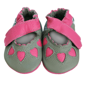 Szofi Bababcipő szürke-pink puhatalpú babacipő, babaszandál (18-20 méret) - Meska.hu