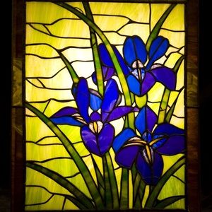 Kék lila íriszes világító tiffany falikép, Otthon & Lakás, Dekoráció, Kép & Falikép, Mindenmás, Üvegművészet, Meska