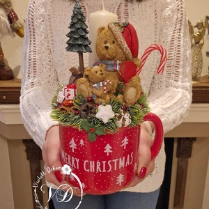 Maci jelenetes óriás bögrés dekoráció - karácsony - karácsonyi lakásdekoráció - ünnepi asztaldekoráció - Meska.hu