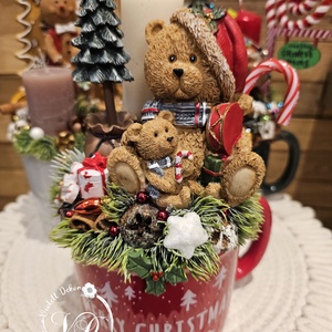 Maci jelenetes óriás bögrés dekoráció - karácsony - karácsonyi lakásdekoráció - ünnepi asztaldekoráció - Meska.hu