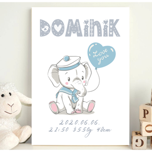 Elefántos-lufis babaköszöntő - fiú 30x20 cm nyomtatott kép, babaszobába - otthon & életmód - dekoráció - Meska.hu
