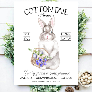 Cottontail farms - nyuszi kosárral 40x30 cm fa tábla vagy vászonkép különböző méretben, tavasz, húsvét - Meska.hu